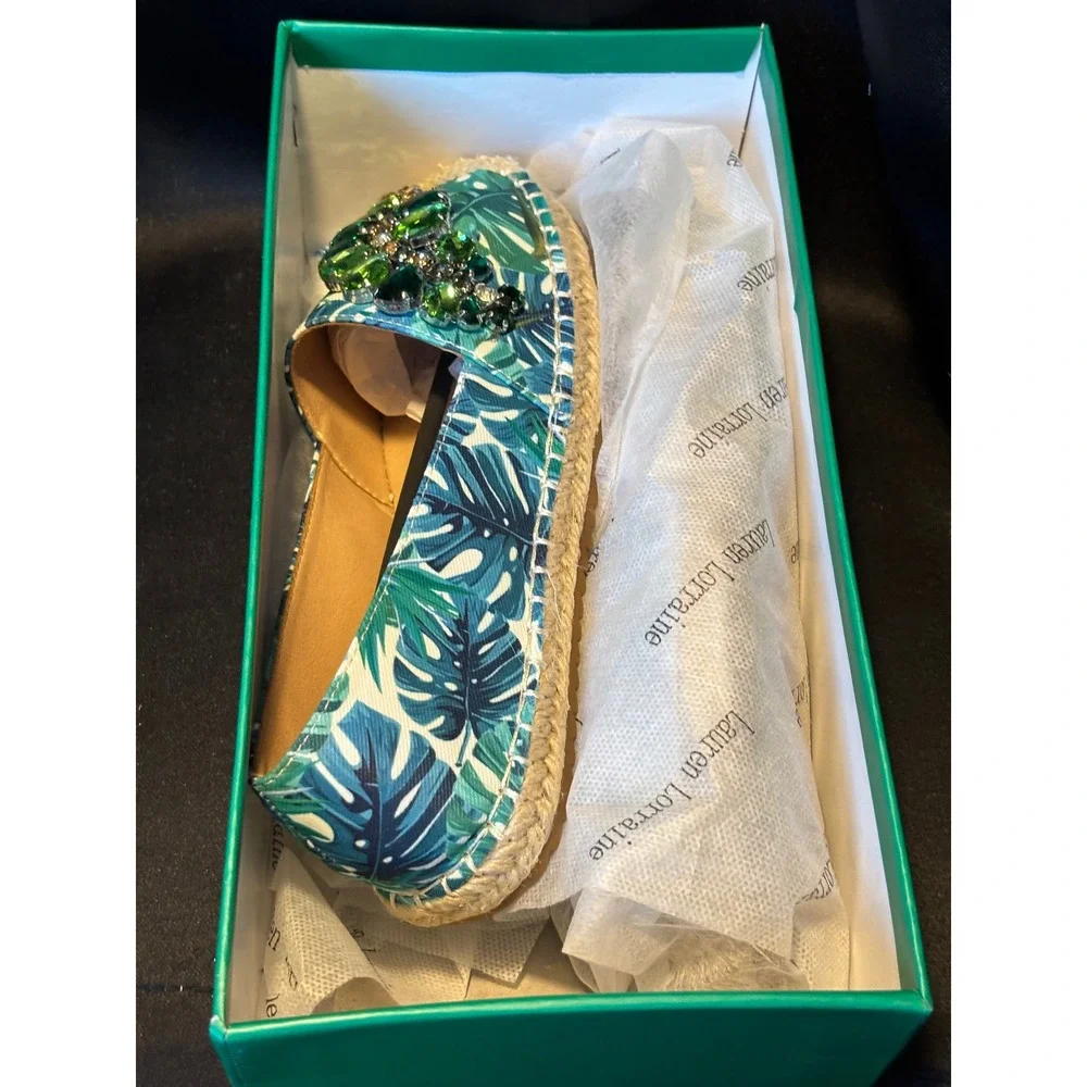 Lauren Lorraine Espi Green Tropical Palm Leaf Crystal Espadrille Flats Mens 6